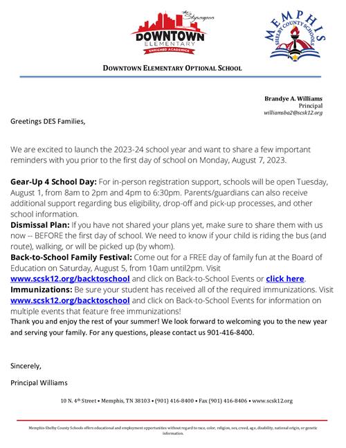 Welcome Back Reminders from Principal Williams
